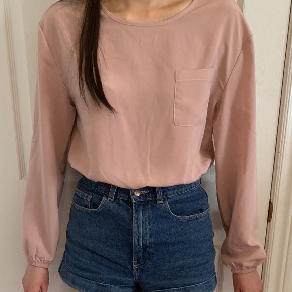 Cropped blush elastic hem bottom longsleeve top - Picture 3 of 3